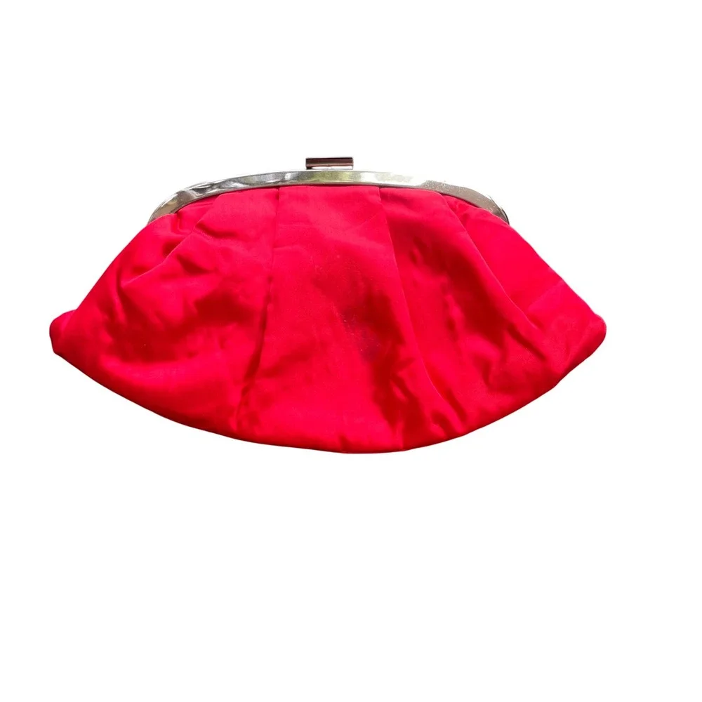 Vintage Red Satin Pleated Evening Clutch Bag Silver Frame Formal Handbag